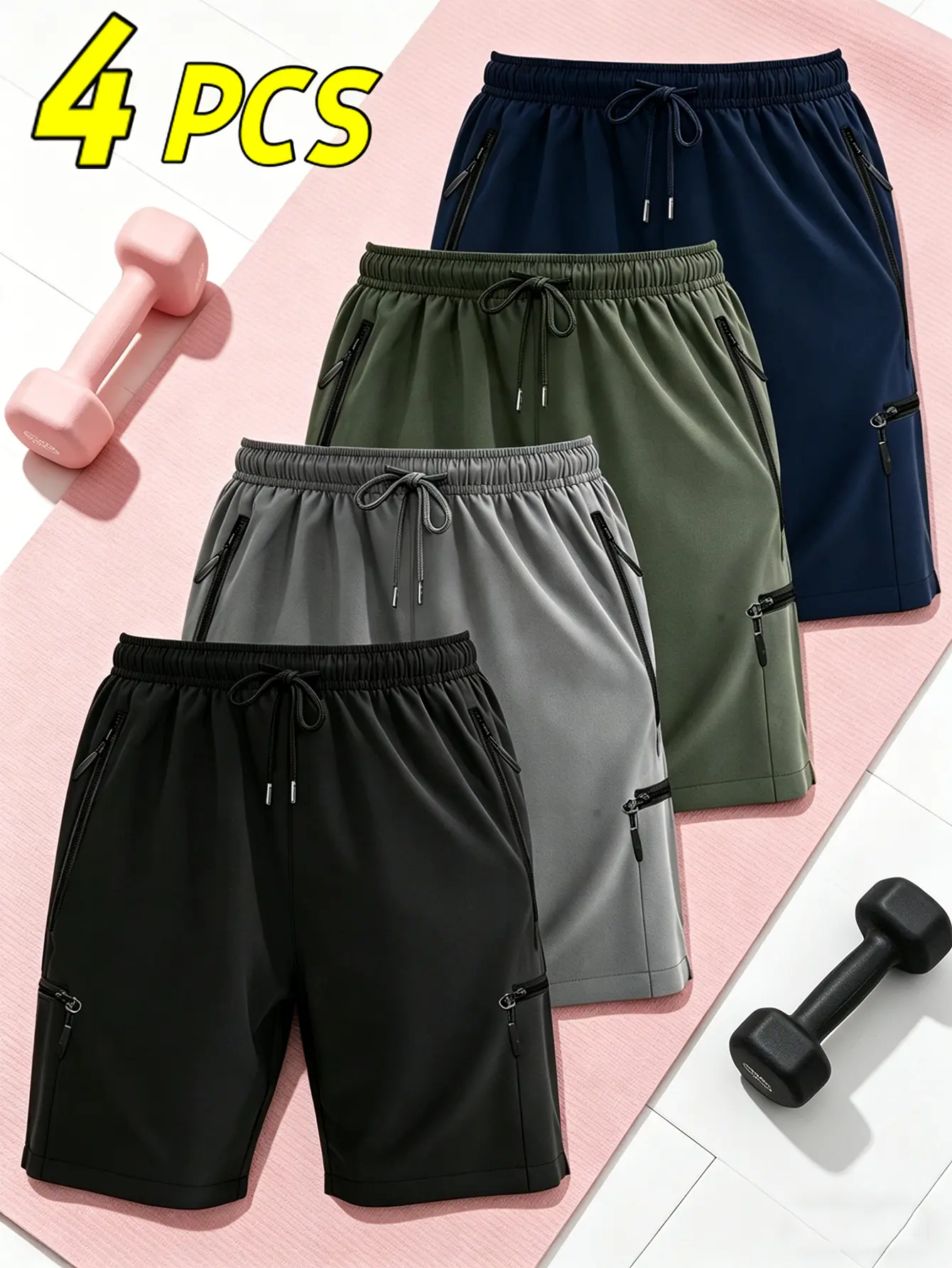 Women's 4-Pack Elastic Drawstring Sports Shorts - Casual Sporty Athletic Bottoms, 4-Way Stretch, Skin-Friendly, Water-Repellent Quick-Dry Fabric, Soft Breathable Material, Secure Zippered Pockets, Running
