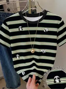 Panda T-Shirt, Striped National Trendy Style, Elegant Embroidery, Soft Skin-Friendly, Early Autumn Layering, Casual Daily Wear, Couple, Top, Aesthetic, Womenswear