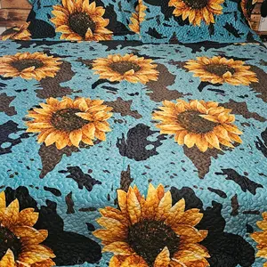 Velvet SUNFLOWER Turquoise King Size 3pc LUXURY VELVET Super Soft Quilt Set Soft Cozy Durable 100% Polyester Microfiber Machine Washable