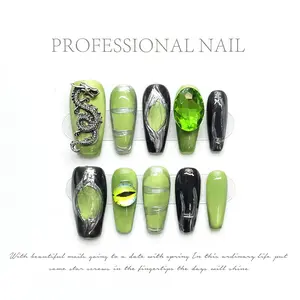 S5 Black nail Metal Haute Couture Wearable nail for autumn and Winter, mid-length style, heavy industry, cyberpunk press on nail