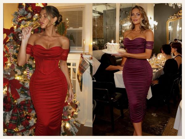 CurvySweet Women's Off The Shoulder Cocktail Midi Dress with Built-in Bra Ruched Bodycon Corset for Fall Homecoming Wedding Guest Formal Party - Sleeveless