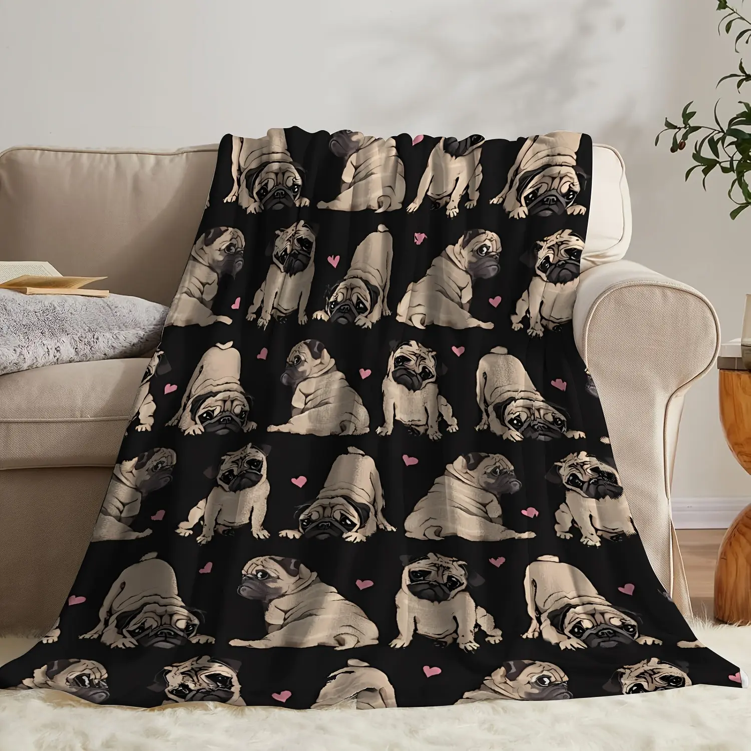 Cute Funny Pug & Pink Hearts Black Flannel Blanket - Soft, Cozy, Warm Fuzzy Plush Throw, Ideal Birthday Gift for Pug Lovers, Perfect for Bedroom Sofa Couch Decor