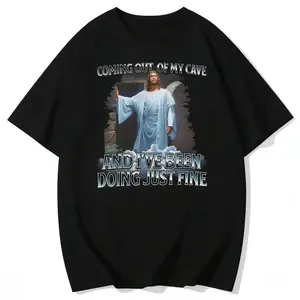 Emerging From My Cave and Feeling Great Humorous Easter Shirt Featuring Jesus Meme Design