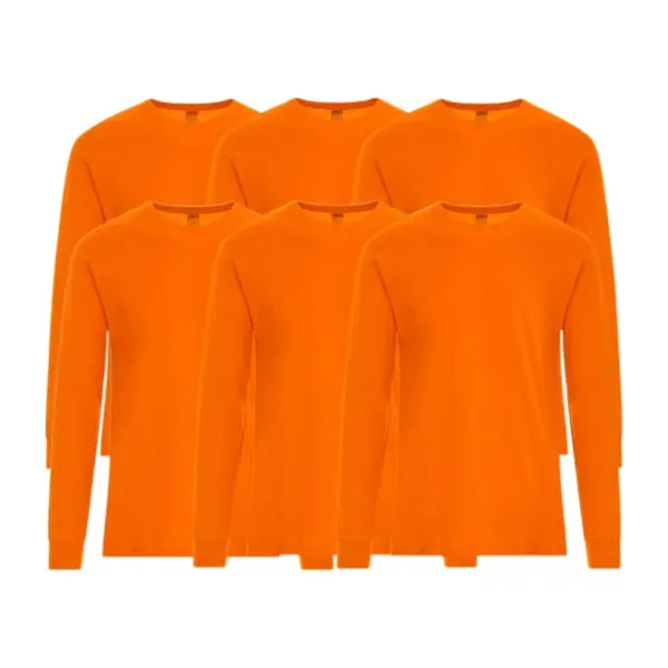 6 Pack: 100% Cotton High Visibility Safety Orange Long Sleeve Crew Neck T-Shirts NON ANSI Hi Vis Workwear Ribbed Cuffs Layer Ready Construction Warehouse Road Crew Landscaping Sizes S-3XL