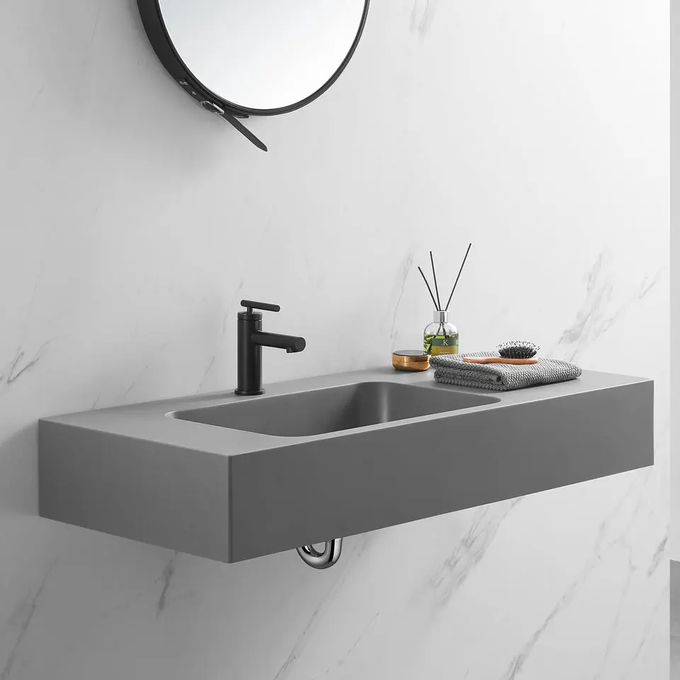 Bathroom Sink, Solid Surface Material, Wall-Mount or Countertop Install, 40" with Single Faucet Hole in Matte Gray， SVWS602-40GR