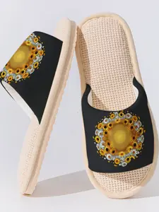 1 Pair Sunflower Linen Slippers, Non-Slip Breathable Lightweight All-Season Home Shoes for Daily & Guest Use