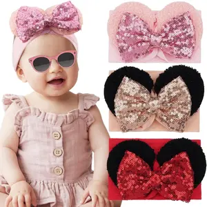 L-HDW004  3PCS Baby Girl Mouse Ears Headbands with Sequin Bow, 4.5inches Wide Nylon Turban Hairband, Theme Park Headwear, Hair Bow Headband for Toddler, Kids, Party Supplies