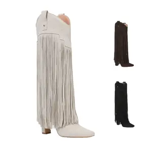 Women's Pointed Toe Block Heel Knee High Boots, Chunky Heel Cowboy Boho Western Gothic Grunge Y2K Retro V-Notch Tassel Boots, Wide Calf Available