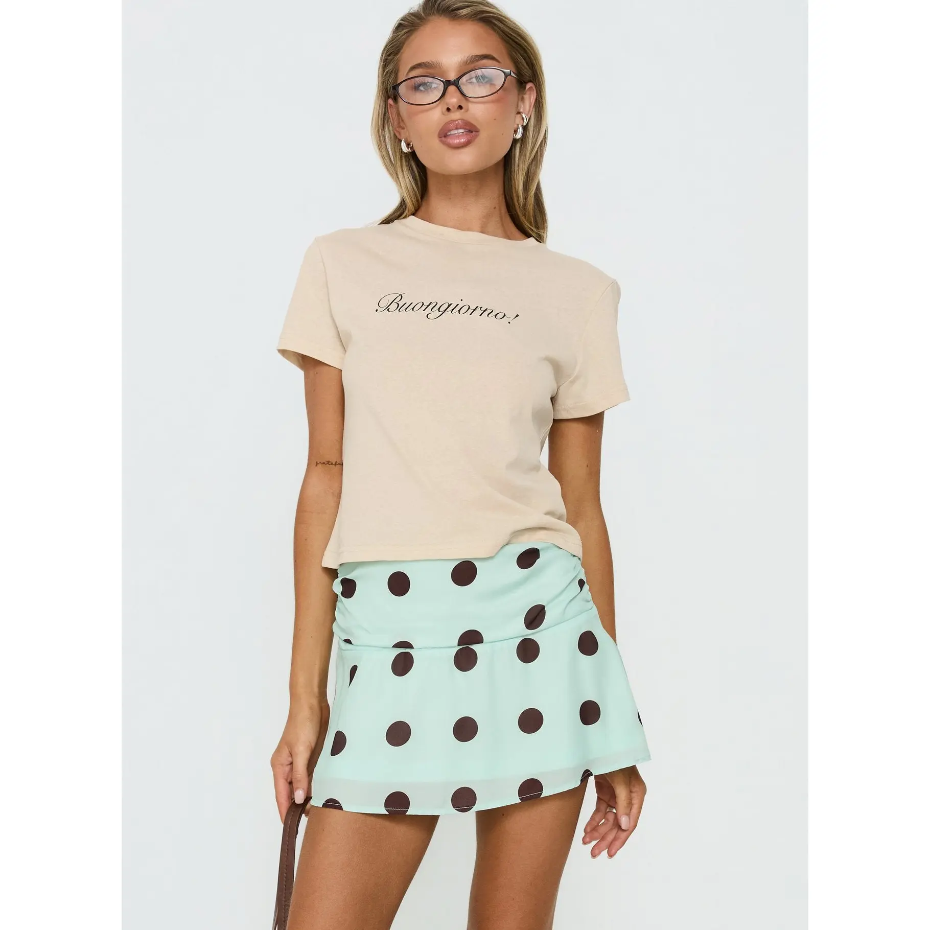 Elicia Ruched Mini Skirt Mint / Chocolate Polka Dot