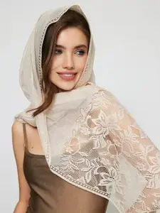 Women's Lightweight Lace Floral Shawl Scarf, Hollow Out Fringe Decor, Multifunctional Fashion Accessory, Breathable Elegant Party Wedding