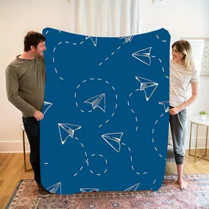A Blue Flannel Blanket Featuring a Space-Themed Paper Airplane Design, Perfect for Home Decor And Warmth, Very Soft And Comfortable, Suitable for Various Occasions.