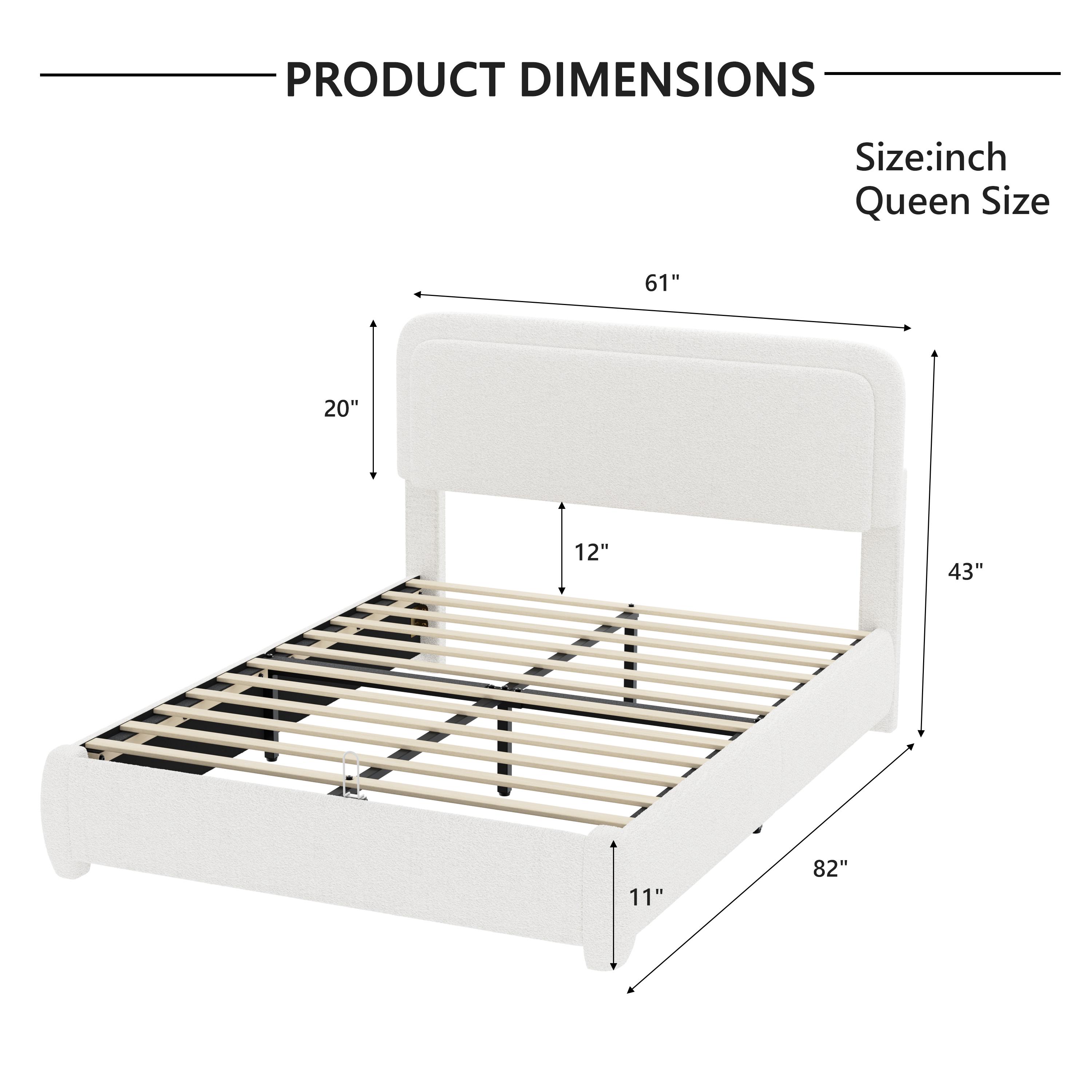 Queen Size Bed Frame with Adjustable Height Headboard, Modern Queen Platform Bed with Curved Cloud Headboard, Elegant Boucle Fabric Low Profile Platform Bed, No Box Spring Needed, Easy Assembly, White