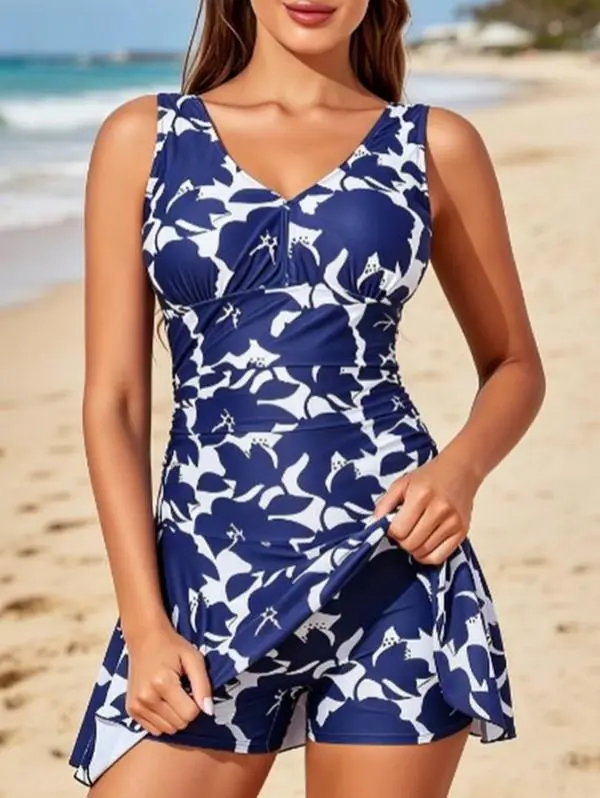 Women's Summer Abstract Print 1-Piece Swim Dress - V-Neck, Ruched, Built-In Shorts, Tummy Control, Full Coverage Swimwear for Beach Vacations, Pool Parties