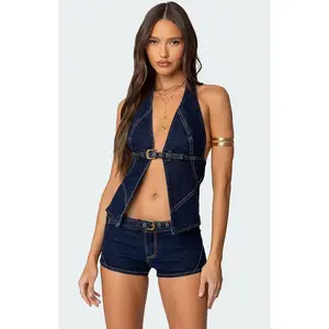 Edikted Women's Ciel Split Front Denim Halter Top