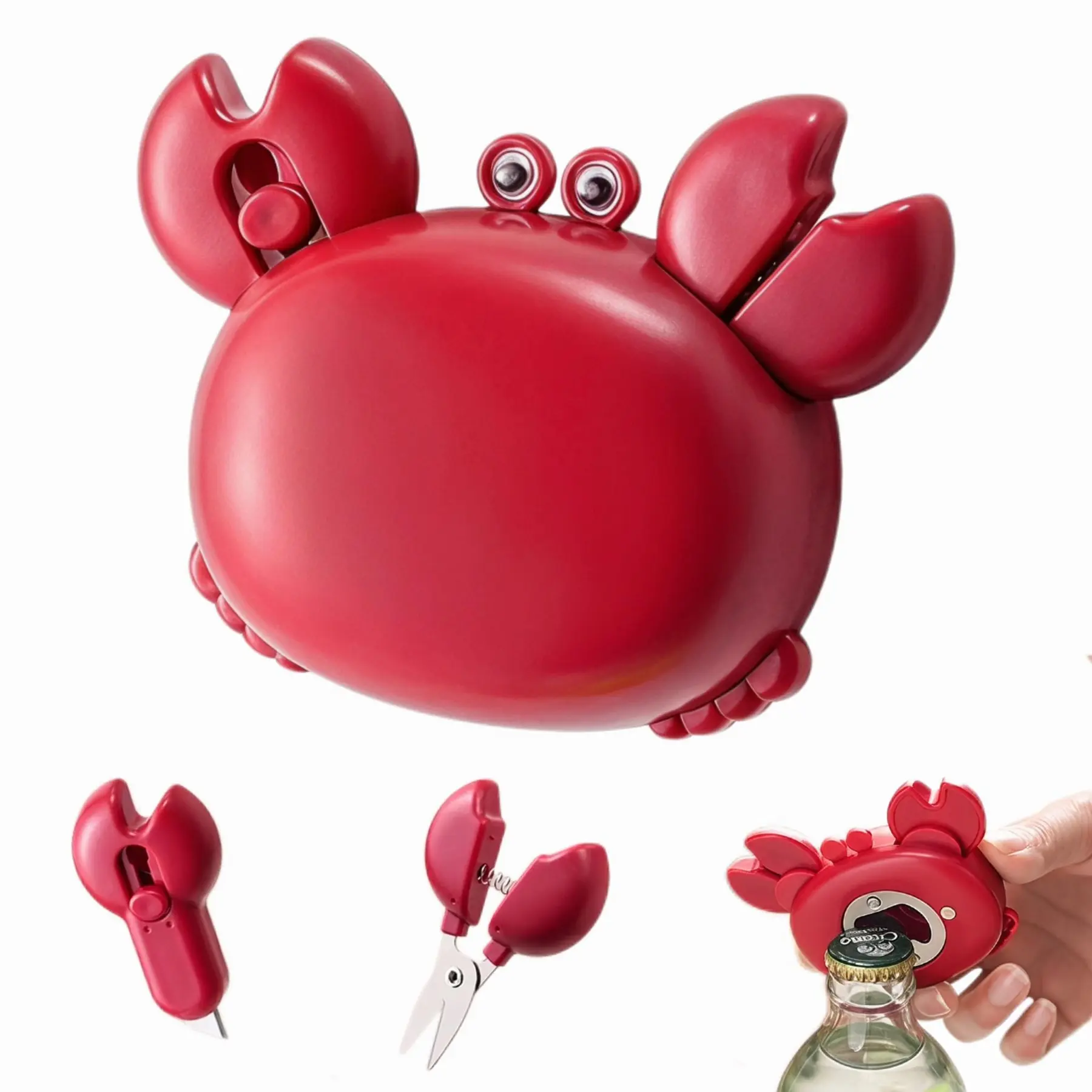 Cute Crab-Shaped Multi-Function Opener, 4-In-1 Magnetic Bottle Opener, Beer Opener, Box Cutter, Mini Scissors, Refrigerator Magnet Decor, Gift, Decorative Bottle Opener
