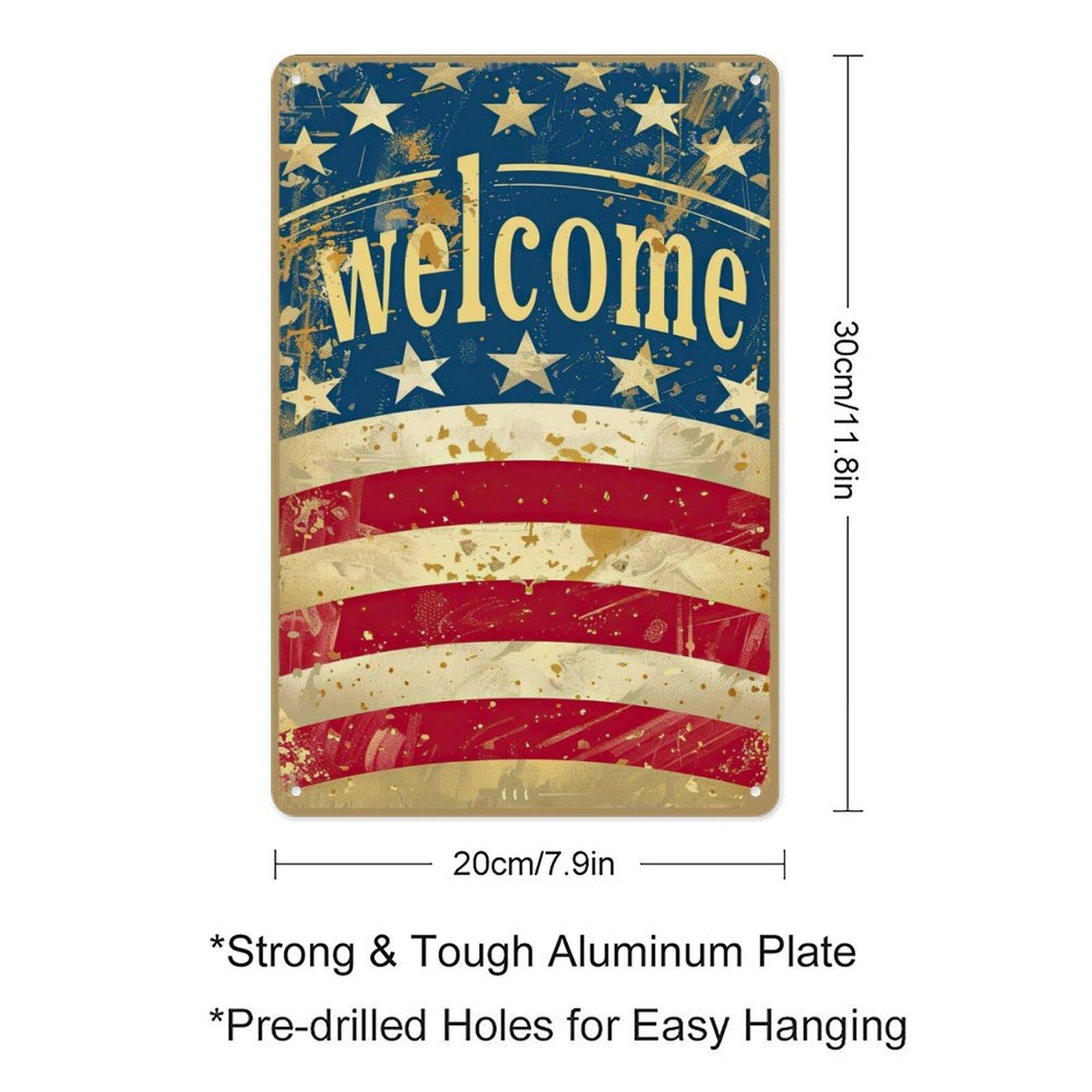 8"x12" Rustic "Welcome" American Flag Metal Sign, Farmhouse-Style Patriotic Wall Art for Outdoor Use
