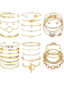 30 PCS (6 PACK) Boho Gold Chain Bracelets Set for Women Multiple Layered Stackable Open Cuff Wrap Bangle Adjustable Fashion Paperclip Link Italian Cuban Jewelry for Women Gift Trendy Stack Bangle Jewelry Accessories