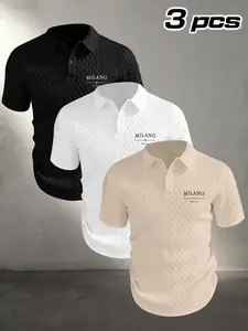 Men's Summer Polo Shirt, Milano Print Design, Breathable High-End Fabric, Short Sleeve, Fitted, Casual Business Wear