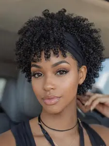 Short African Braided Wig for Women Natural Fluffy Synthetic Hair with Bangs Ideal for Women Headband Style Hair Piece Synthetic Curly Afro Curly Braided