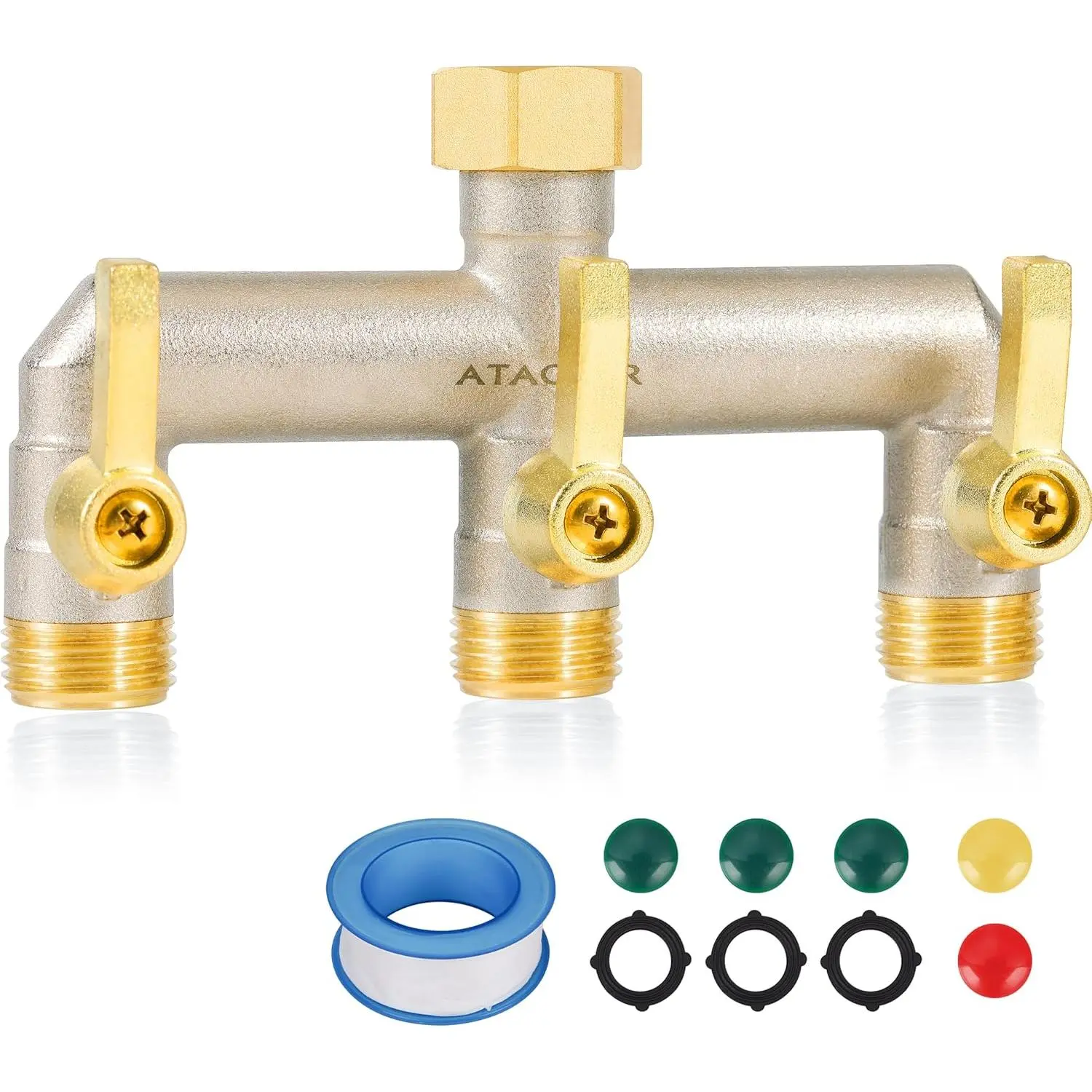 Heavy-Duty 3-Way Full Flow Hose Splitter Kit, 3/4" GHT Thread Outdoor Faucet Manifold with Flow Control Individual Shut-Off Valves, Extended Handle, 3 Green Caps, -4°F to 176°F Brass Nickel-Plated Watering Adapter, 0.5-Inch Enlarged Bore