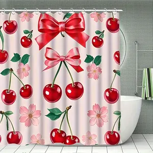 Cherry Bow Simple Pattern Shower Curtain, Bathroom Decor, Includes 12 Hooks, 70.866 Inches X 70.866 Inches, Easy Installation