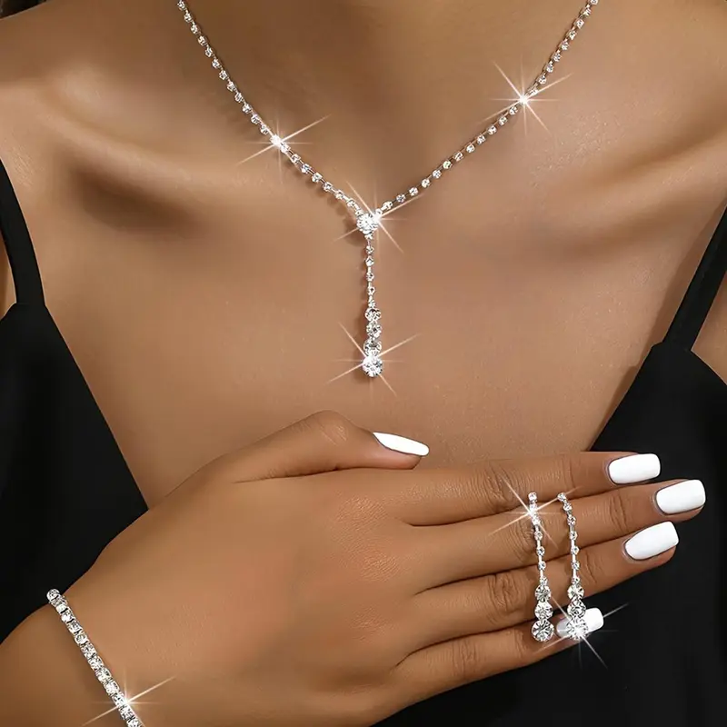 Women's Elegant Rhinestone Decorated Necklace & Dangle Earrings & Romantic Bracelet Set, Exquisite Trendy Jewelry Set, Fashionable Accessories for Party & Daily Clothing Decor, Matching jewelry set, Necklaces Earrings Set