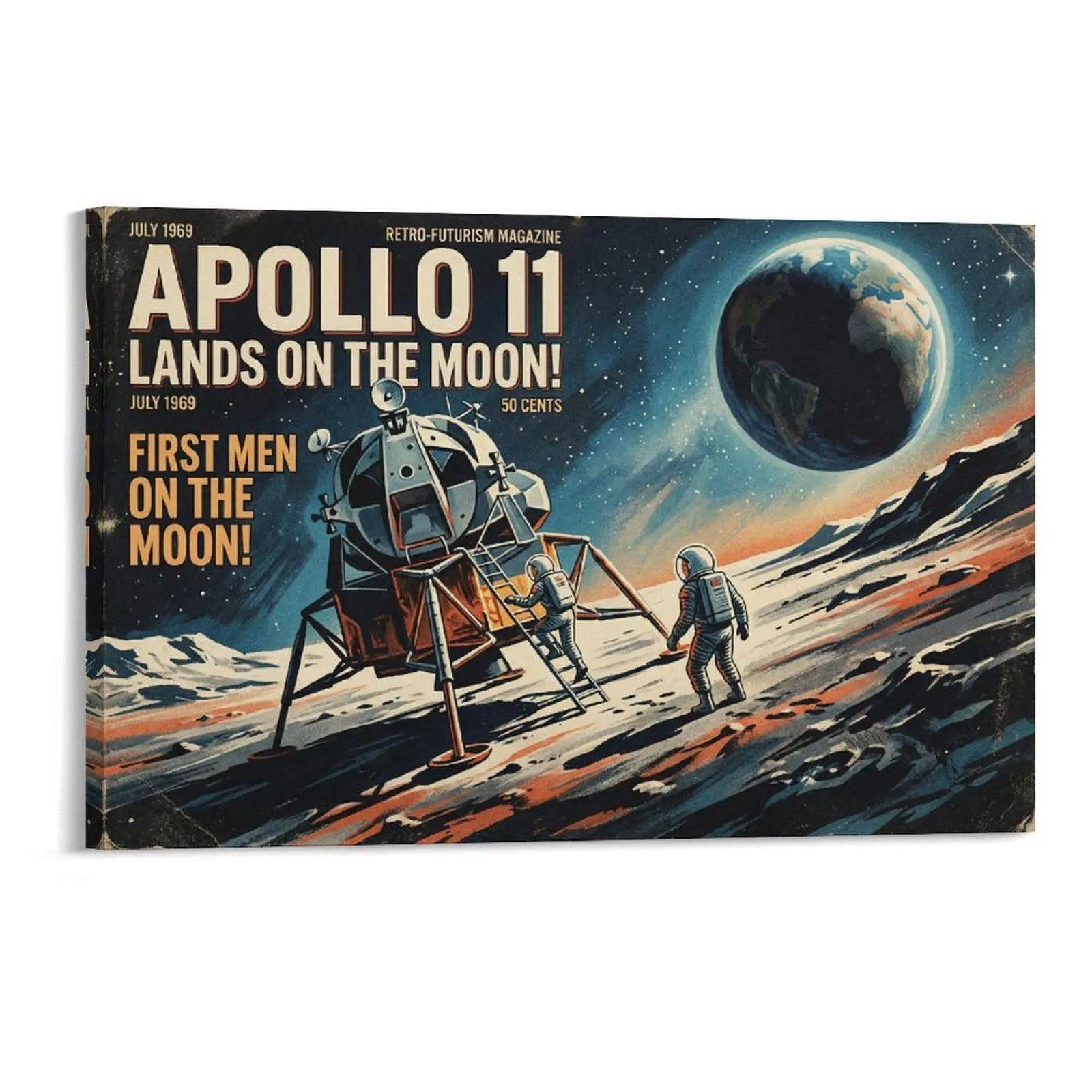 Vintage Space Retro-Futurism Apollo 11 Moon Landing Printed Canvas Art - Vibrant Astronaut, Lunar Module Decor Poster, Home Wall Decor for Living Room, Room Accessories