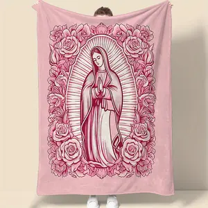 1 Piece Cozy Pink Virgin Mary Blanket-Super Soft Velvet with Floral Pattern, Perfect Gift for Mom, Grandma, Birthday and Valentine's Day, Perfect for Sofa, Bed, Travel and Living Room, multifunctional Blanket |   Floral Blanket |     Plush Texture,Meditat