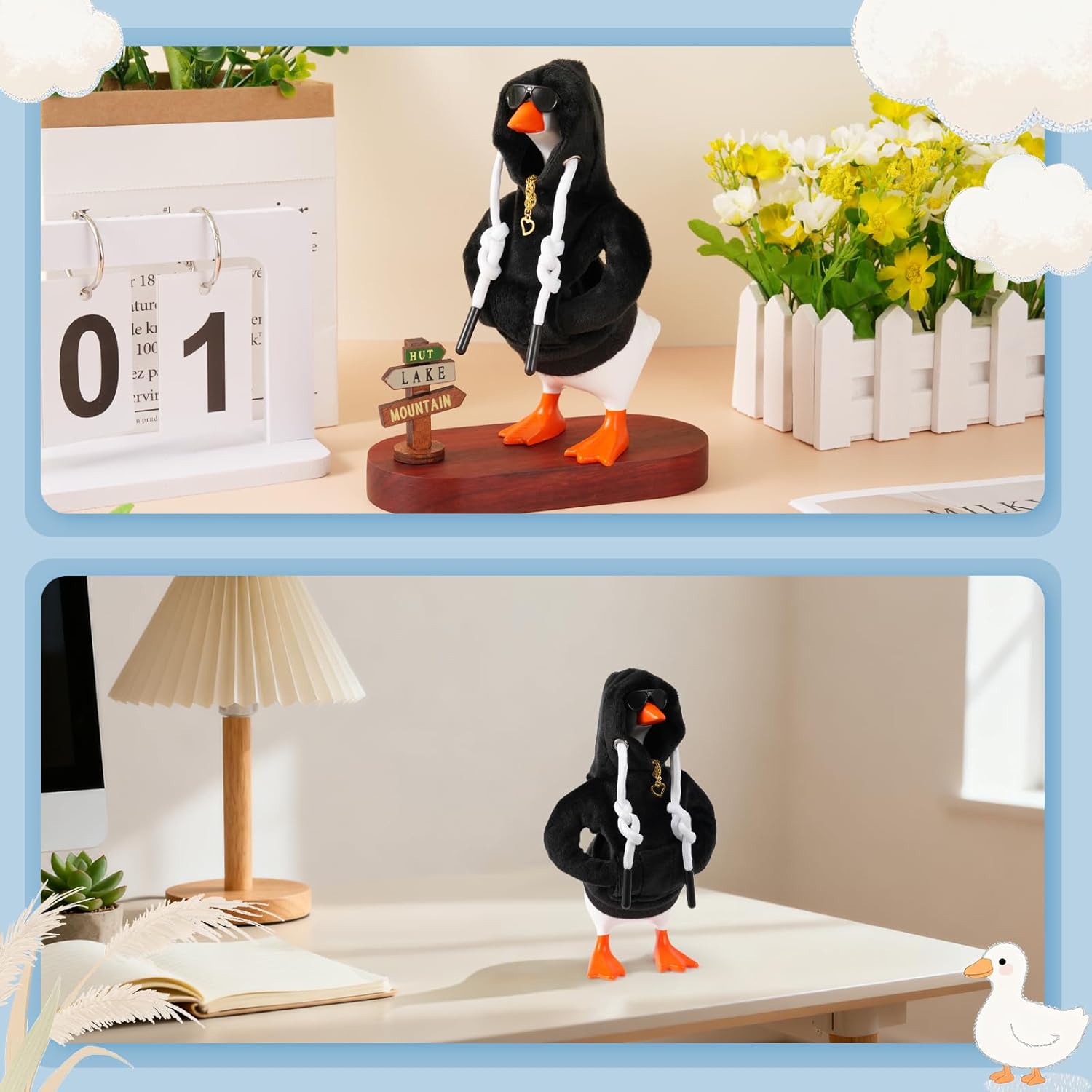 7Inch Desk Goose Outfits Mini Desktop Goose Clothes and Accessories Set Hoodie Sunglasses Necklace for Magnetic Goose Key Holder Home Decor and Housewarming Gift