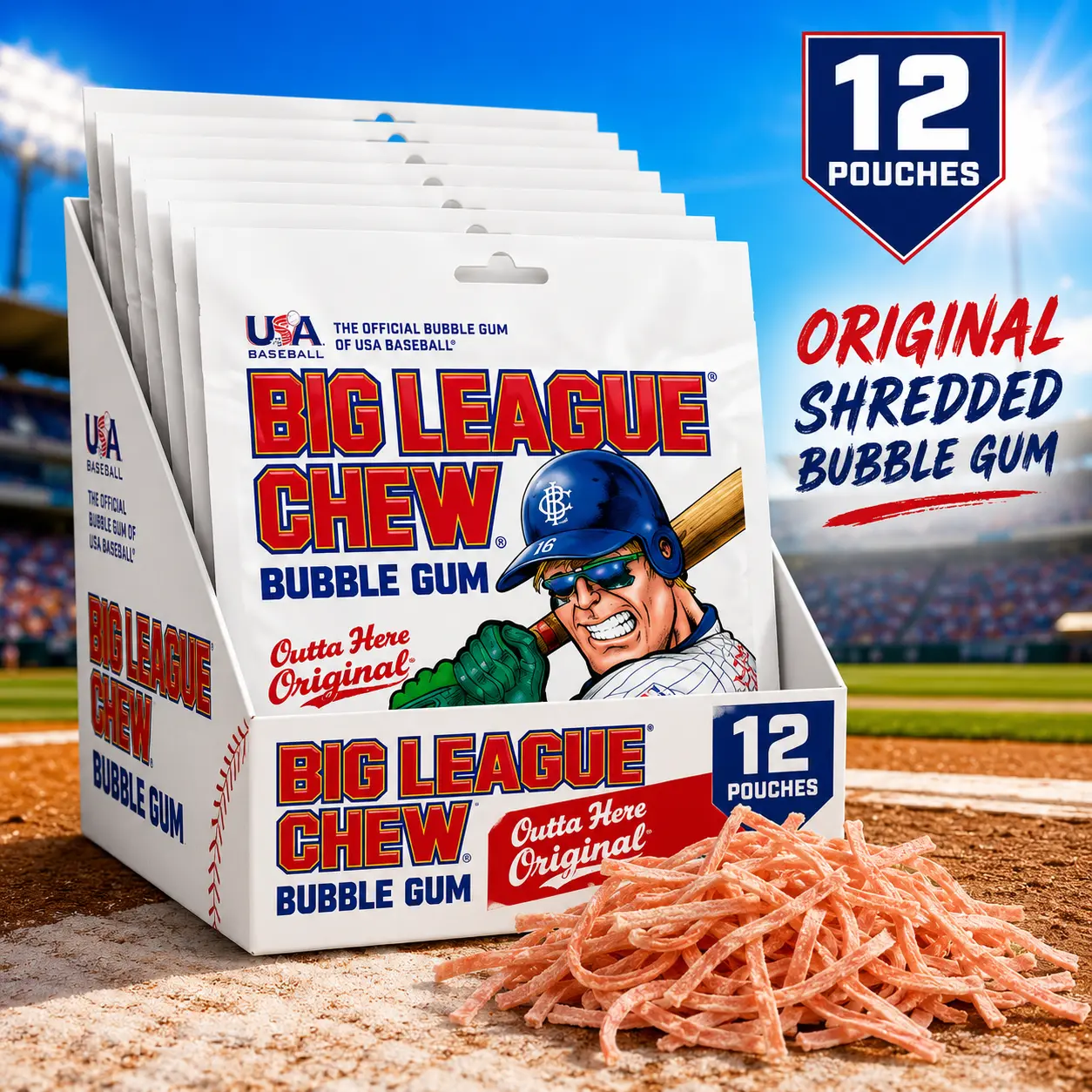 Big League Chew Original Bubble Gum 12 Count  Shredded Baseball Bubble Gum Pouches | Classic Candy for Parties, Gifts & Sports Fans