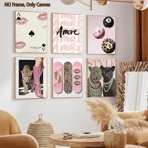 6-count frameless canvas, pink leopard print light luxury style decorative poster, retro leopard print, Vintage prints and black eight decoration, living room wall art, family poster, suitable for corridor walls, room bedrooms, office art, exquisite gi