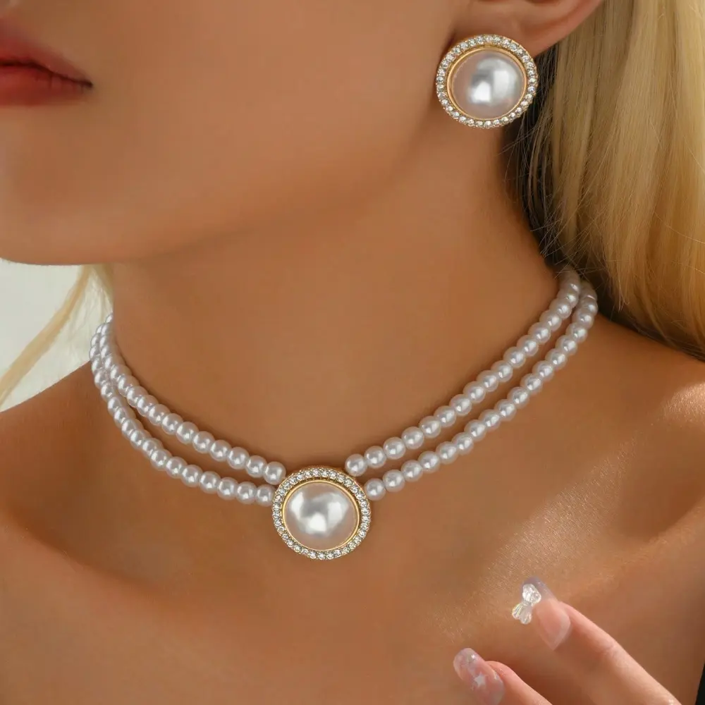 Fashionable Dainty Stylish Jewelry Set - 1 Round Faux Pearl Necklace, 1 Pair Geometric Earrings, Designer Costume Jewelry, Valentine's Day Offer, Fashionable Jewelry Set, Dainty Jewelry Sets