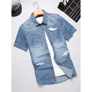 Manfinity LEGND Men Ripped Pocket Patched Denim Shirt Without Tee