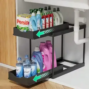 Adjustable Storage Rack, Single and Double Layer Sink Under Cabinet Organizer, Pull-Out Metal Kitchen Bathroom Shelf