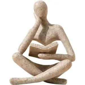 Bookshelf Decor Thinker Statue - Abstract Art Reading Thinker Sculpture Figurine Aesthetic, Modern Home Decoration for Living Room Office Shelves Coffee Table Desk Decor(Beige)
