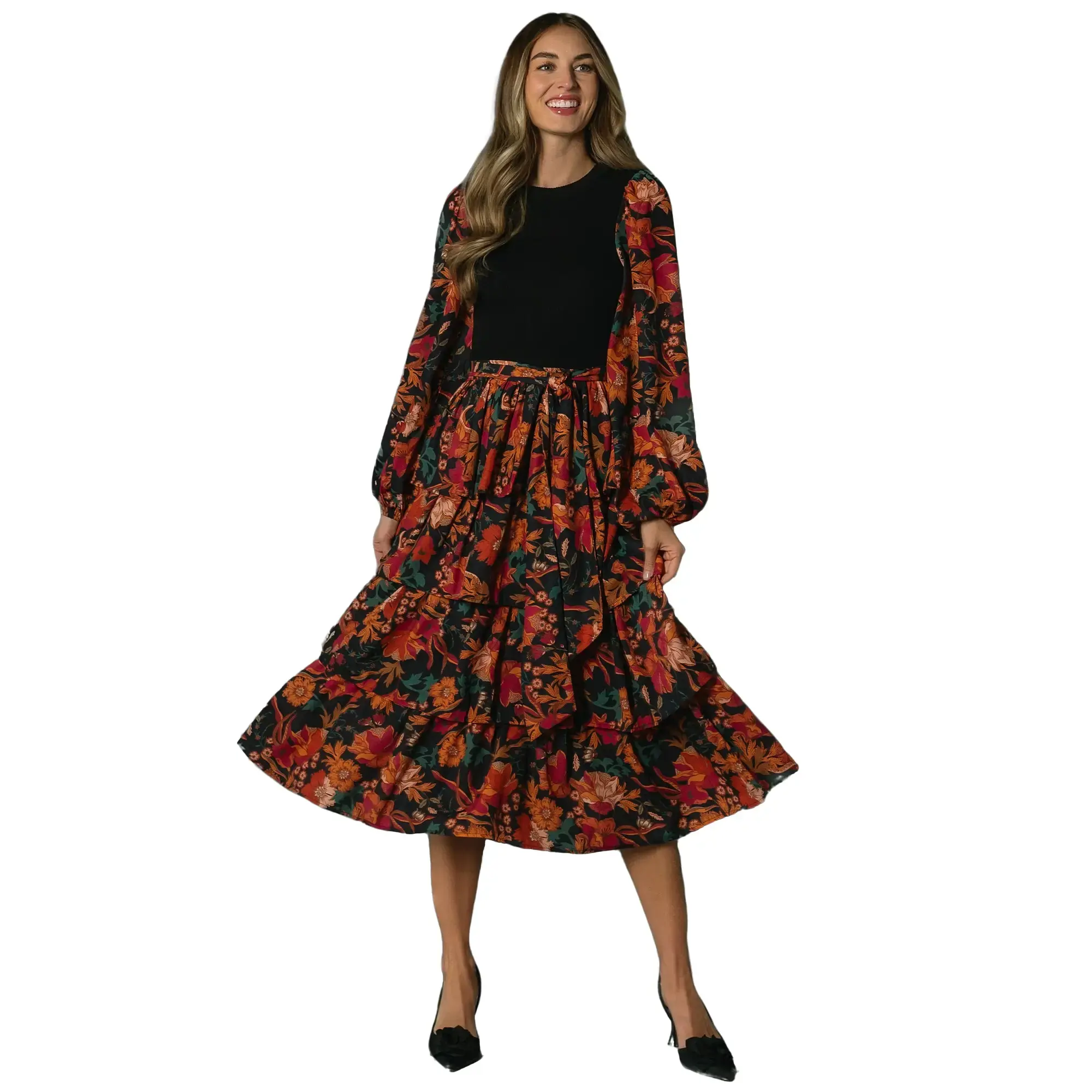 Women's Sylvie Tiered Midi Dress - Black Multi, Lightweight Airy Chiffon Flow Skirt, Elastic Knit-Lined Bodice, Long Sleeve, Belt-Ready Fit