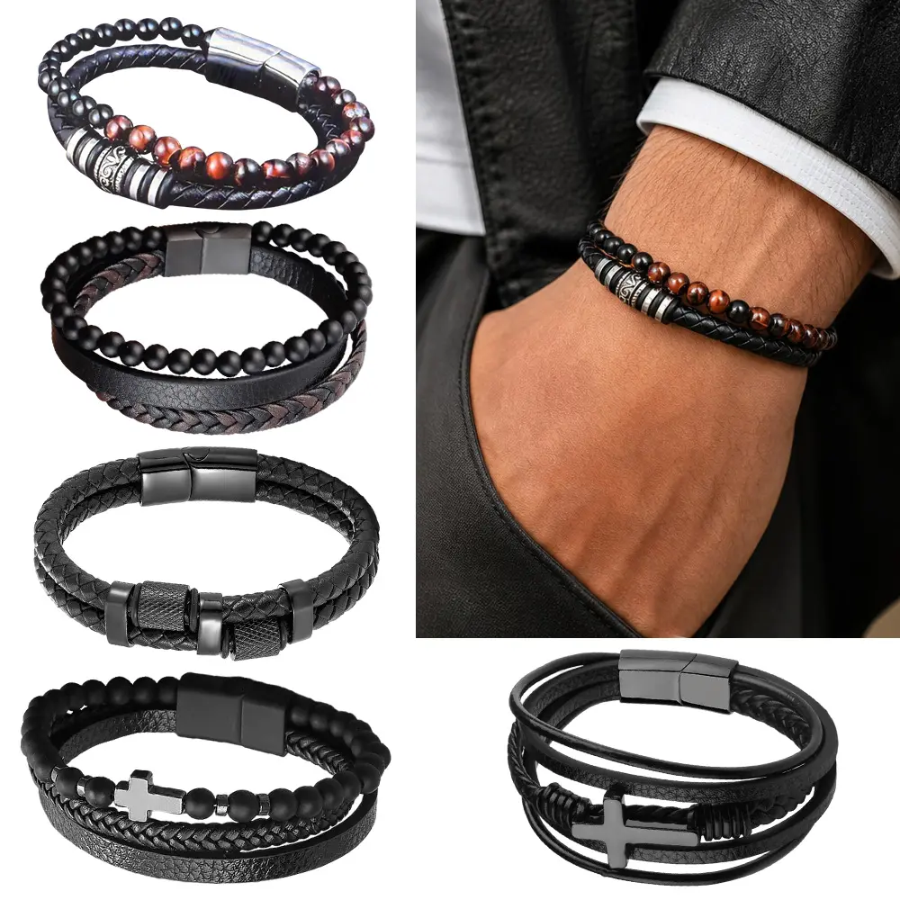 5PCS Black Leather Bracelets for Men Women Bracelet Leather and Steel Braided Cuff Bracelets