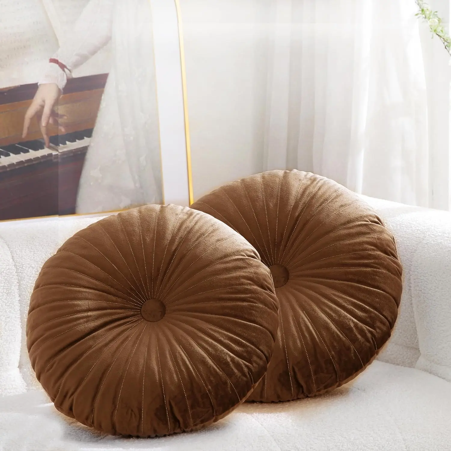 Velvet 18-Inch Round Throw Pillow for Couch Home Decoration Bed (Brown, Set of 2)