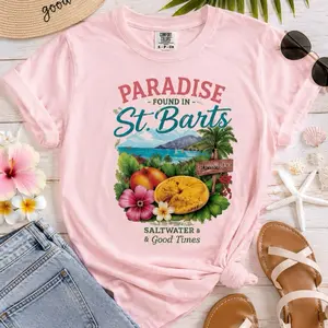 Women's St. Barts Tropical Mango Print Crew Neck T-Shirt - Loose-Fitted, Short Sleeve, Casual Womenswear Caribbean Paradise Top with Letters