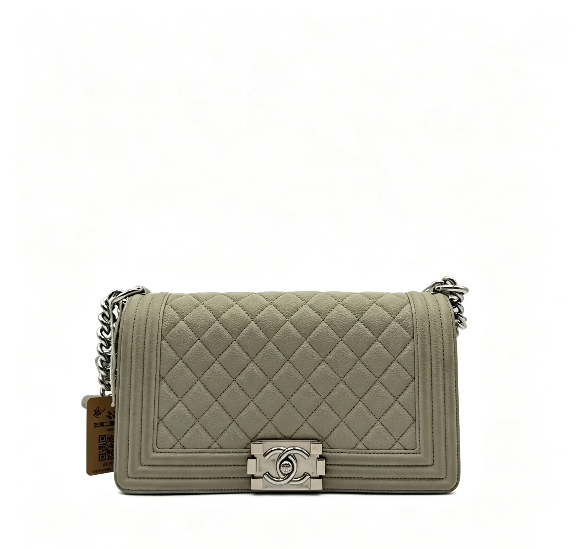 Pre-owned CHANEL H5 Le Boy series medium light gray (or beige) caviar cowhide chain bag h18103