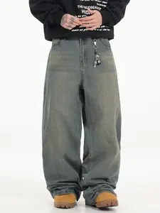 Men's Vintage Blue Loose Jeans, Trendy Street Style, All-Season Casual Pants, Y2K American Fashion, Fashionable Denim, No Belt Included