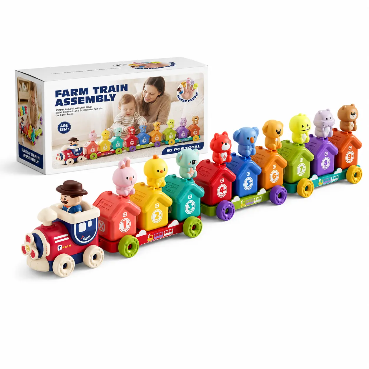 Unisex 51-Piece No-Plastic Snap-Together Farm Train Assembly Set, 0-3 Years Early Learning Toy with Animal Puppets & Figures for Farm Themed Birthday