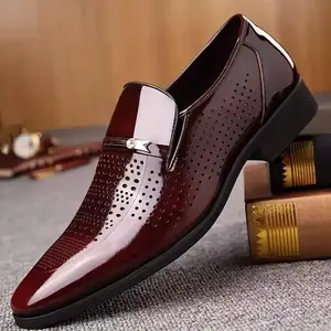 FormalFootwear|Men'sElegantBurgundySlip-OnDressShoes-BreathableHollowOutDesign,ComfortablePUInterior,SoftRubberSoleforBusinessMeetings&SocialEvents