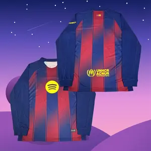 25 26 Home Red And Blue Long Sleeve Soccer Jersey Fans Version