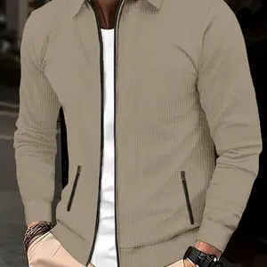 Men's Solid Jacquard Zip Up Jacket, Regular Fit Casual Comfy Long Sleeve Stand Collar Outerwear for Daily Wear, Men's Clothes for All Seasons, Coats