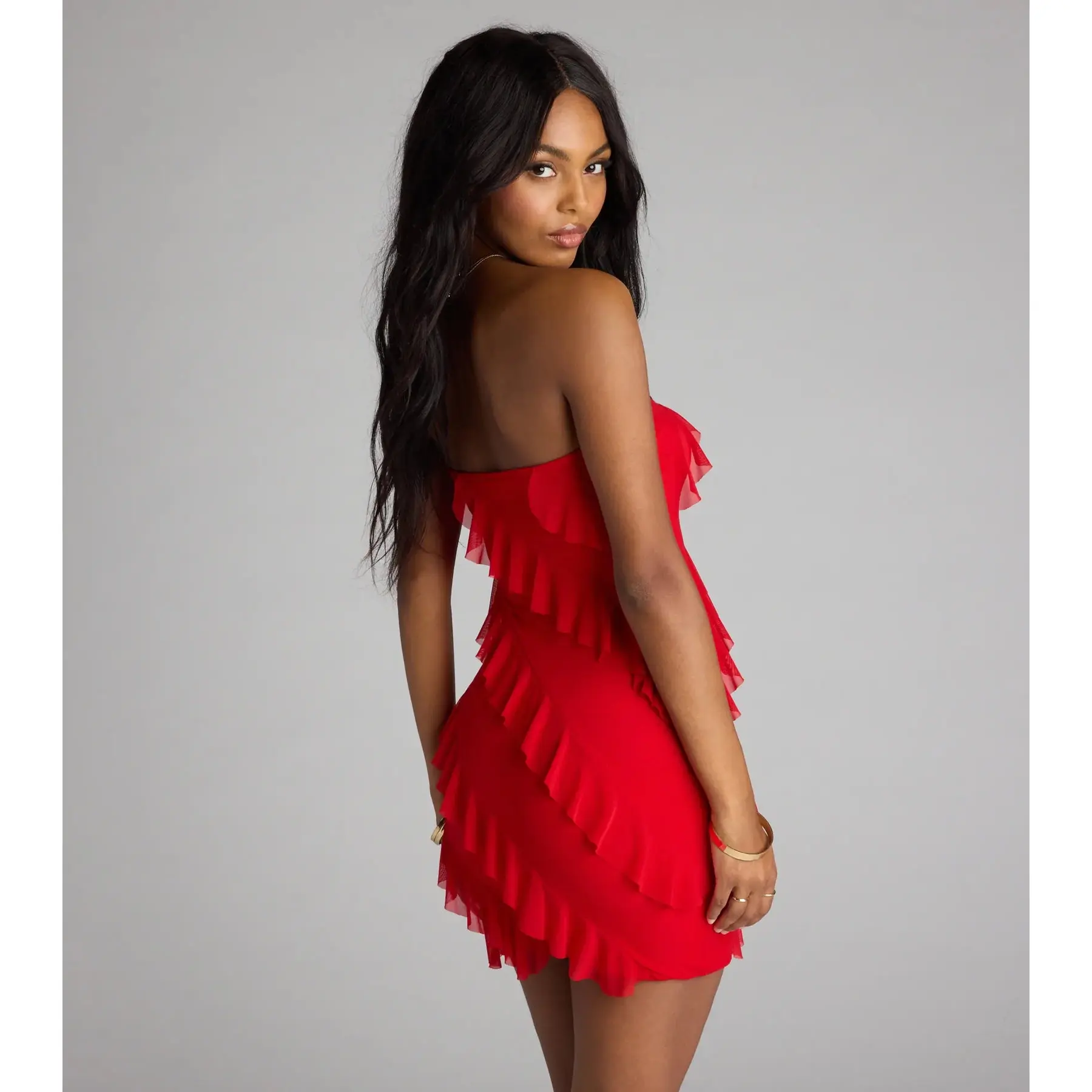 Ruffled Tube Mini Dress Ruffle Glitter Knit Tube Mini Dress Hot Pink XL