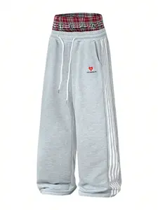 Men's Trendy Plaid Waistband Wide Leg Sweatpants, Casual Loose Fit Lounge Pants, Sporty Style with La Heart Embroidery