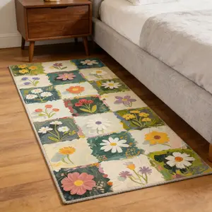 French Oil Painting Boho Floral Rug, Simple Cream Style Bedroom Bedside Blanket, Luxurious Vintage Long Strip Mat, Soft Comfortable Plush Foot Pad, Bedroom Rugs