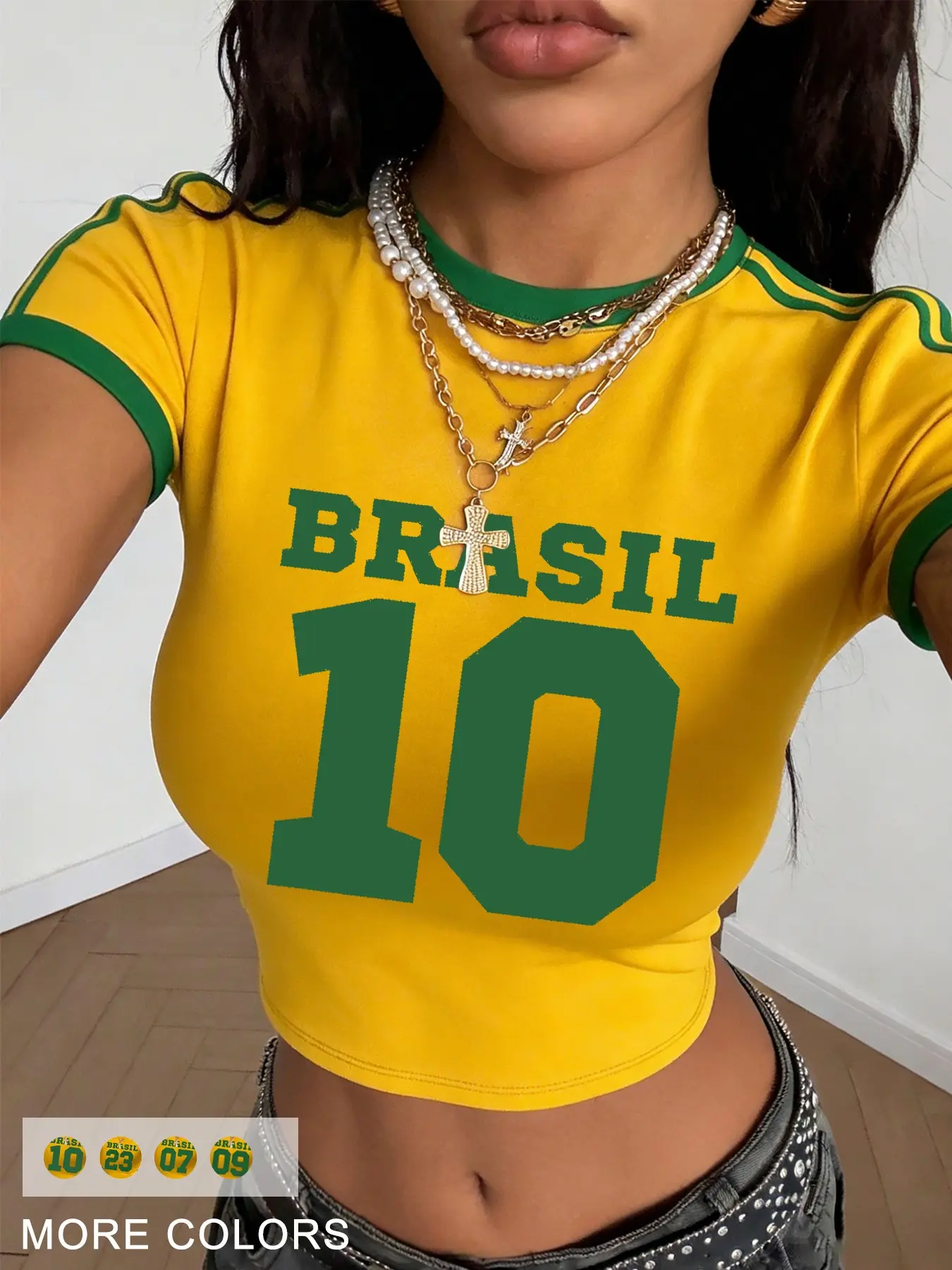 Women's Brazil No. 10 Short Top Vintage Football Jersey, Soccer Jersey, Short Sleeve Jersey, Summer Streetwear & Concert, Slim-Fitting Preppy Style, Preppy Appeal, Vintage Football Theme, Soccer Jersey Shirt
