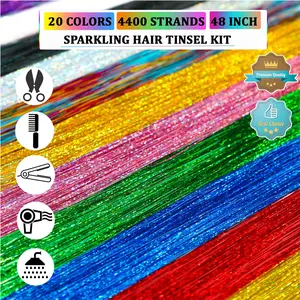 AIAIZHQH Hair Tinsel Kit (4400 Strands, 48 Inches) Sparking Tinsel Hair Extensions Kit with Tools, Heat Resistant Highlights Glitter Hair Extensions Fairy Hair Accessories for Girls Women